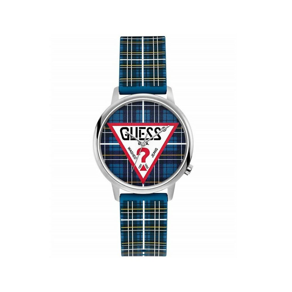 Montre unisexe Guess à cadran bleu quadrillé et bracelet en caoutchouc, boîtier argenté.