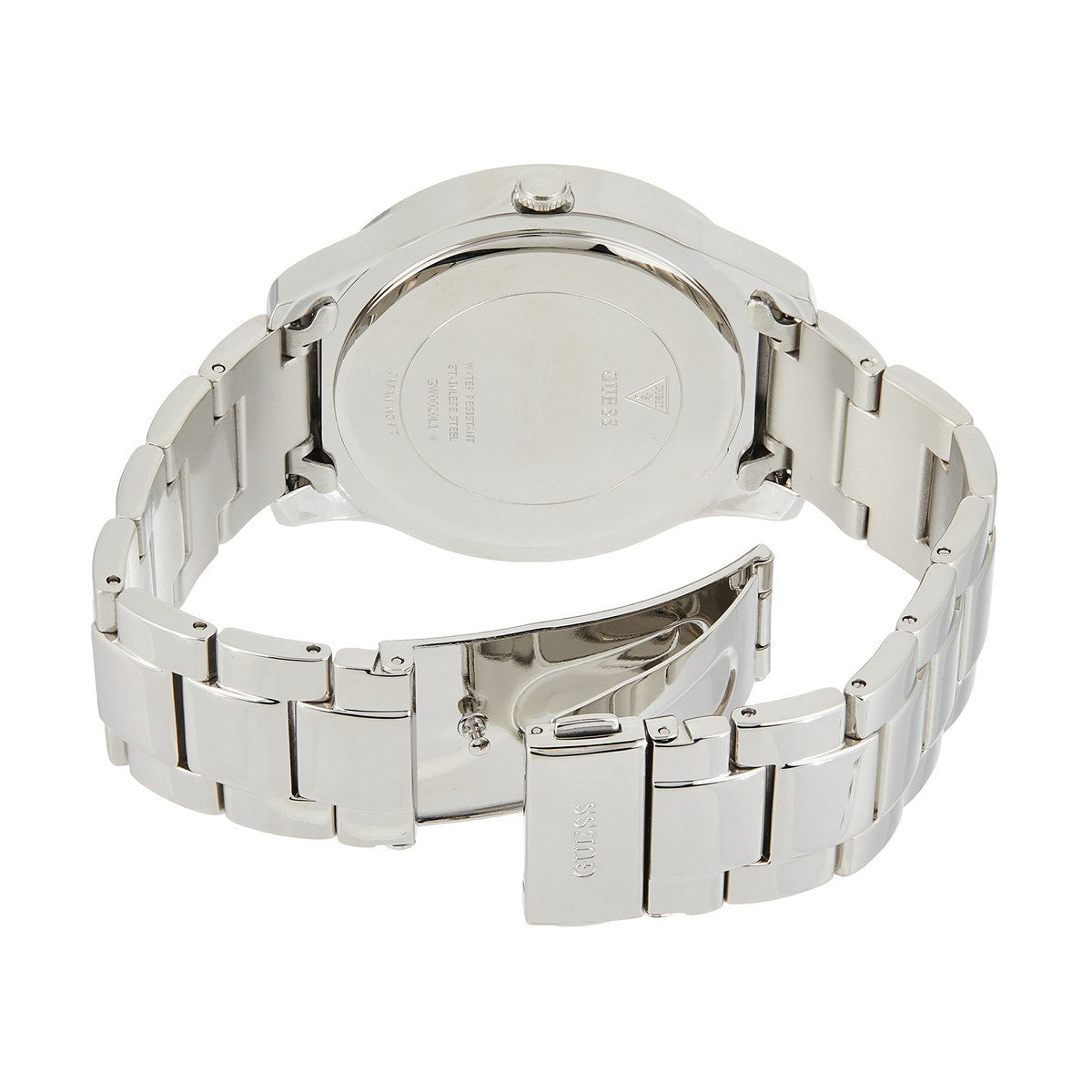Montre Guess vue arrière, bracelet maillons acier