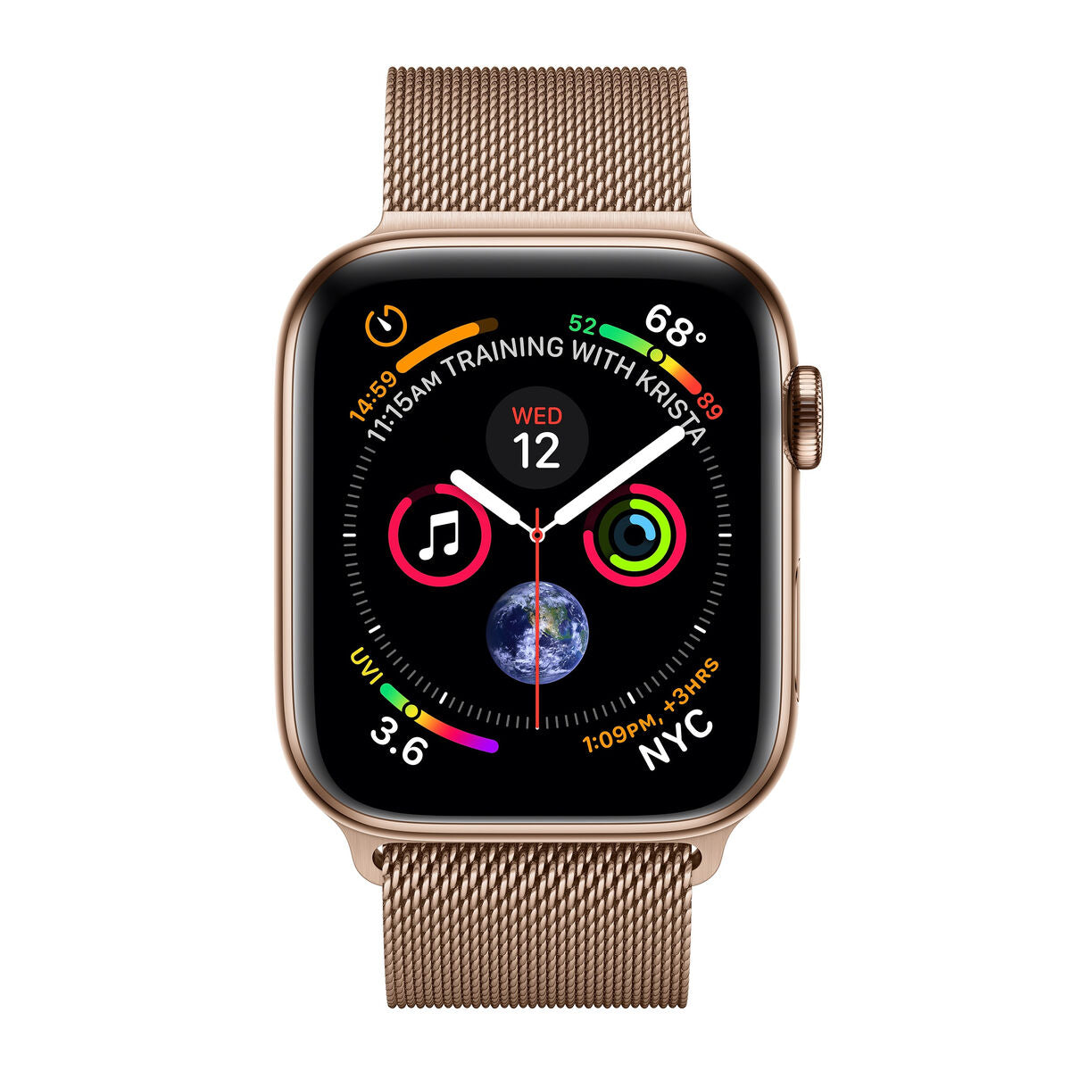 Montre connectée acier doré, bracelet maille tressée, cadran multicolore OLED noir