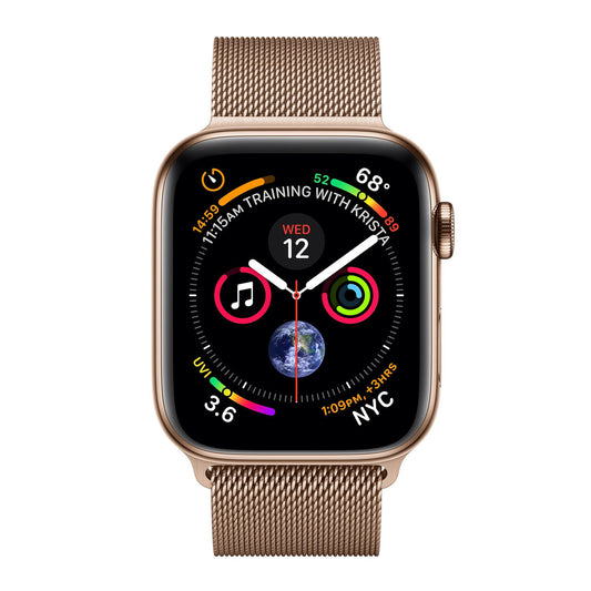 Montre connectée acier doré, bracelet maille tressée, cadran multicolore OLED noir