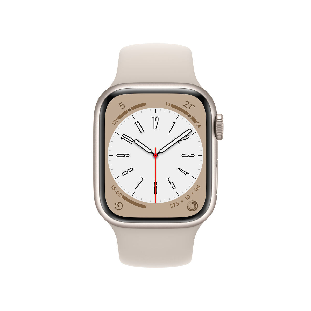 Montre connectée Apple Watch Series 8 bracelet beige, cadran blanc, vue de face