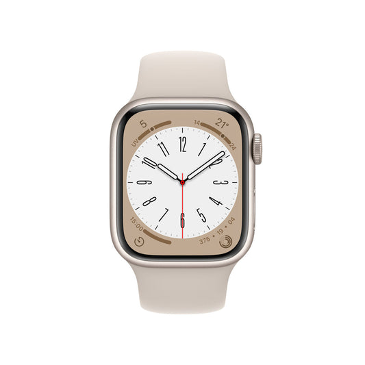 Montre connectée Apple Watch Series 8 bracelet beige, cadran blanc, vue de face