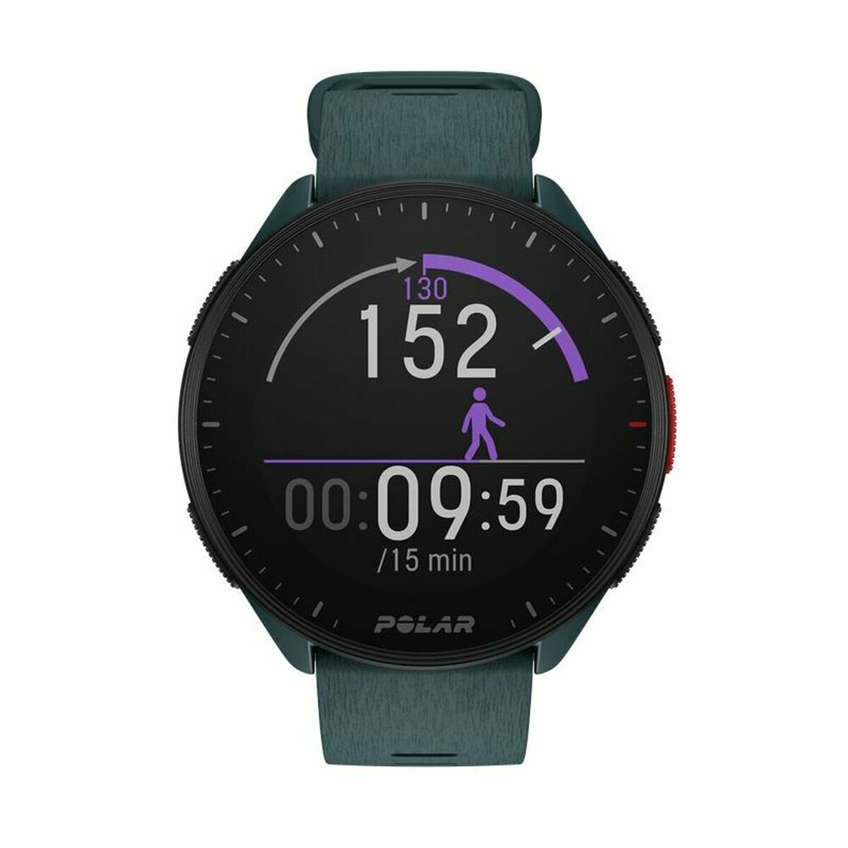 Montre GPS Polar Pacer 45 mm à bracelet vert, écran noir : 152 et 00:09:59/15 min