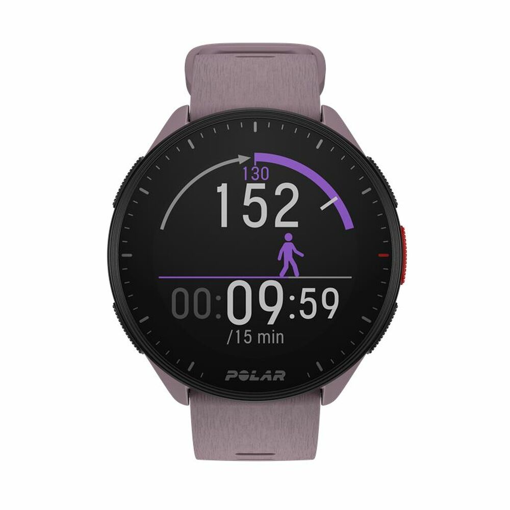 Montre Polar Pacer 45 mm, cadran noir rond avec bracelet violet.