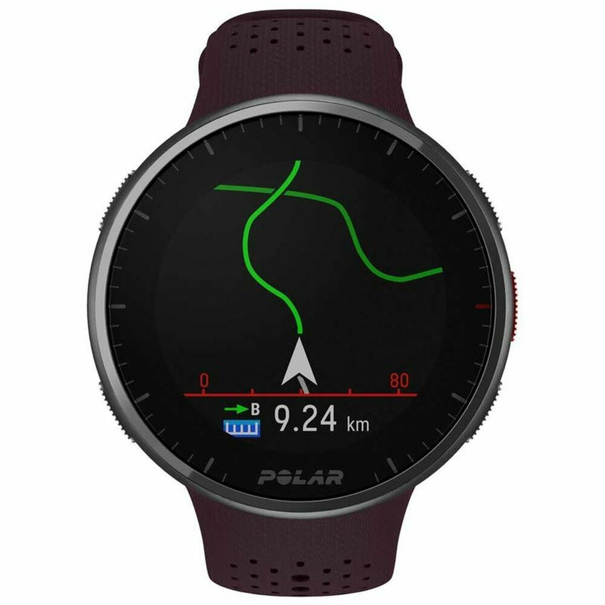 Montre sportive Polar Pro : écran noir, bracelet bordeaux silicone perforé, courbe verte.