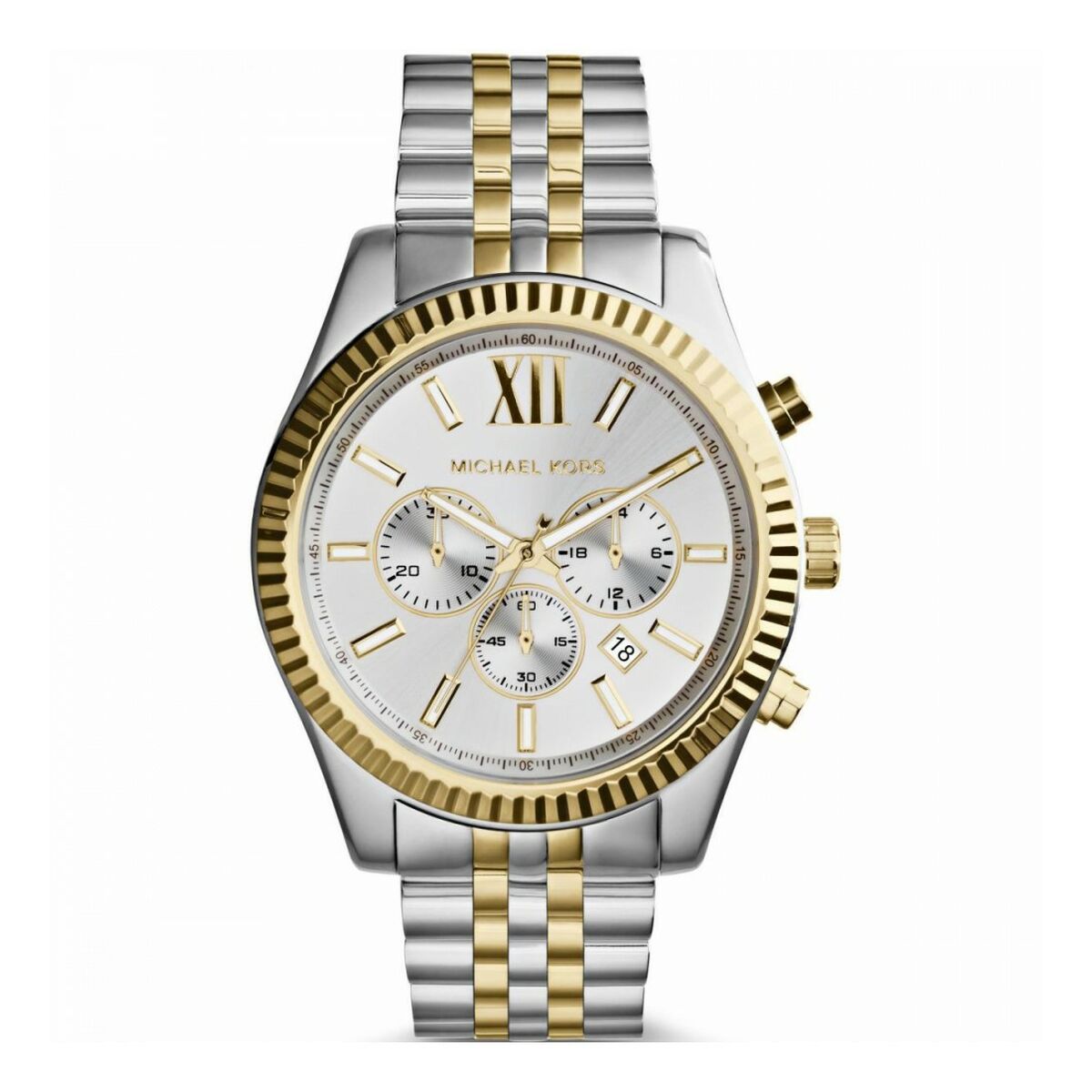 Montre Michael Kors MK8344 à cadran blanc, lunette dorée et bracelet acier bicolore