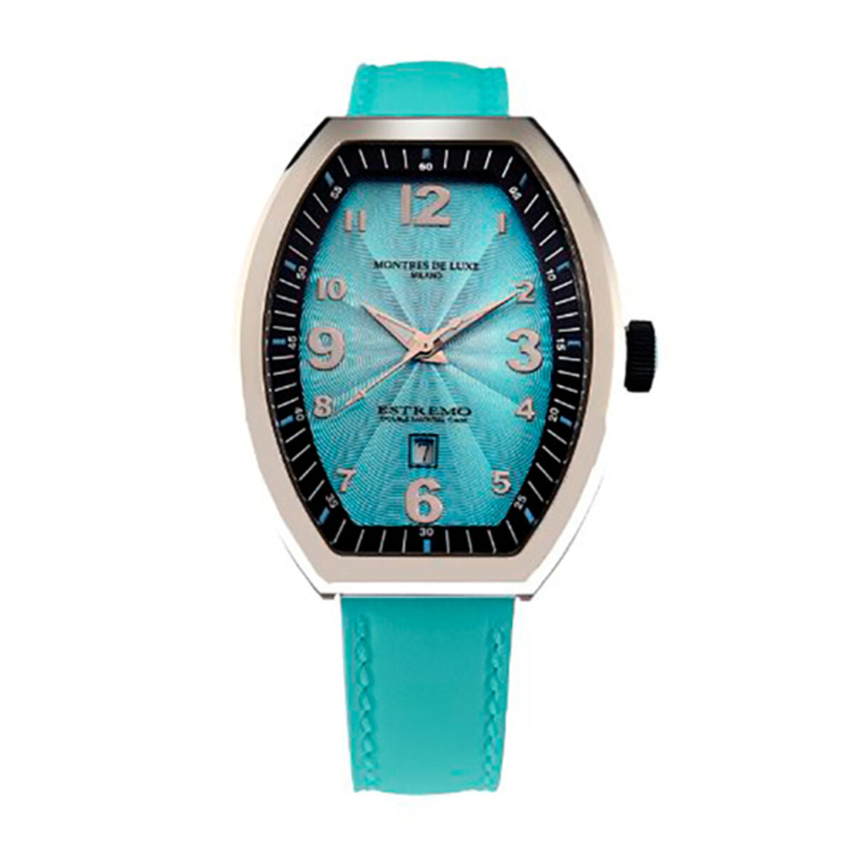 Montre femme à quartz, cadran bleu turquoise et bracelet cuir bleu, boîtier argenté