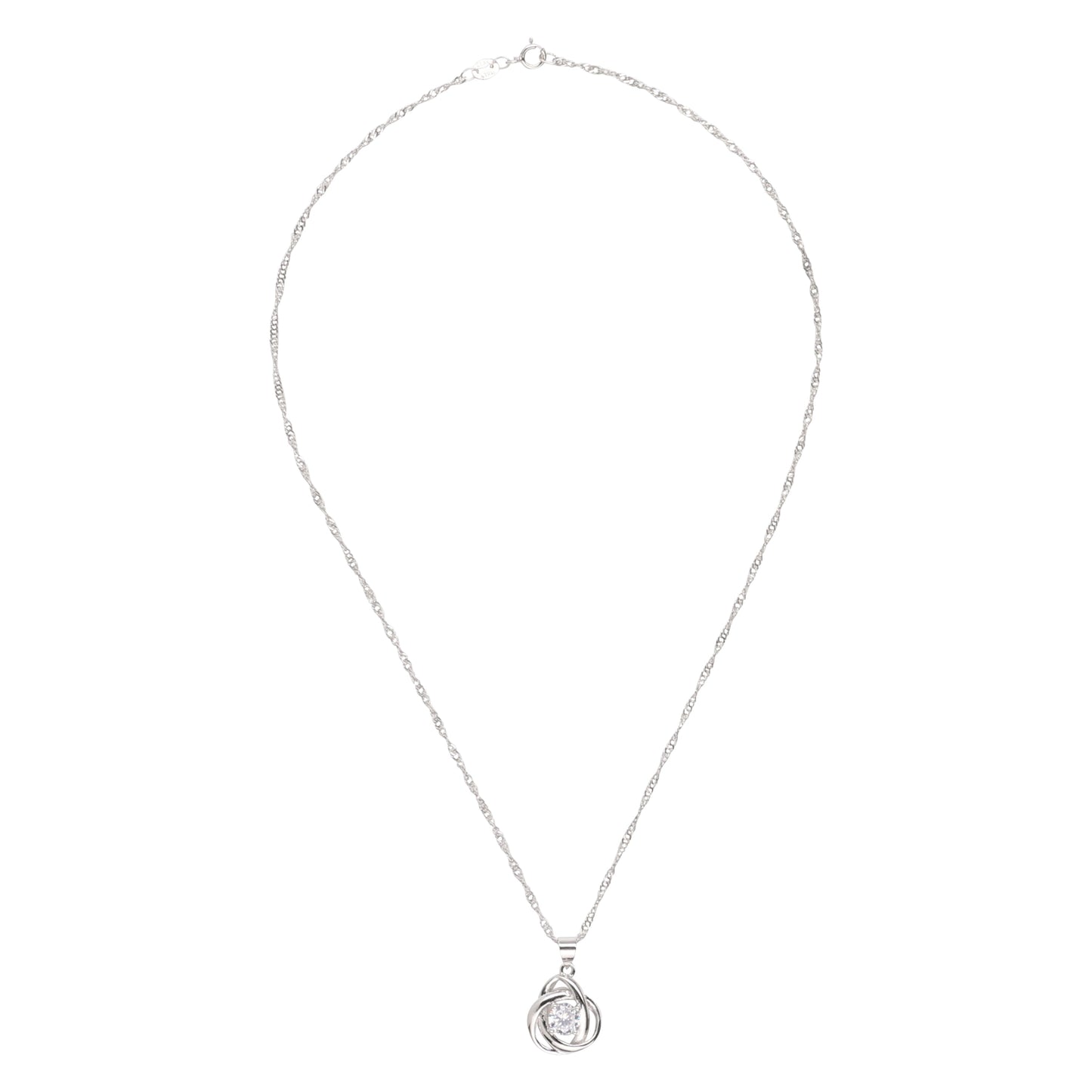 Collier pendentif nœud rond argenté avec pierre cubique, chaîne fine