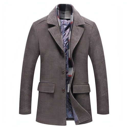 Veste mi-saison homme en laine marron, écharpe à carreaux à l’intérieur, col cranté et poches plaquées.