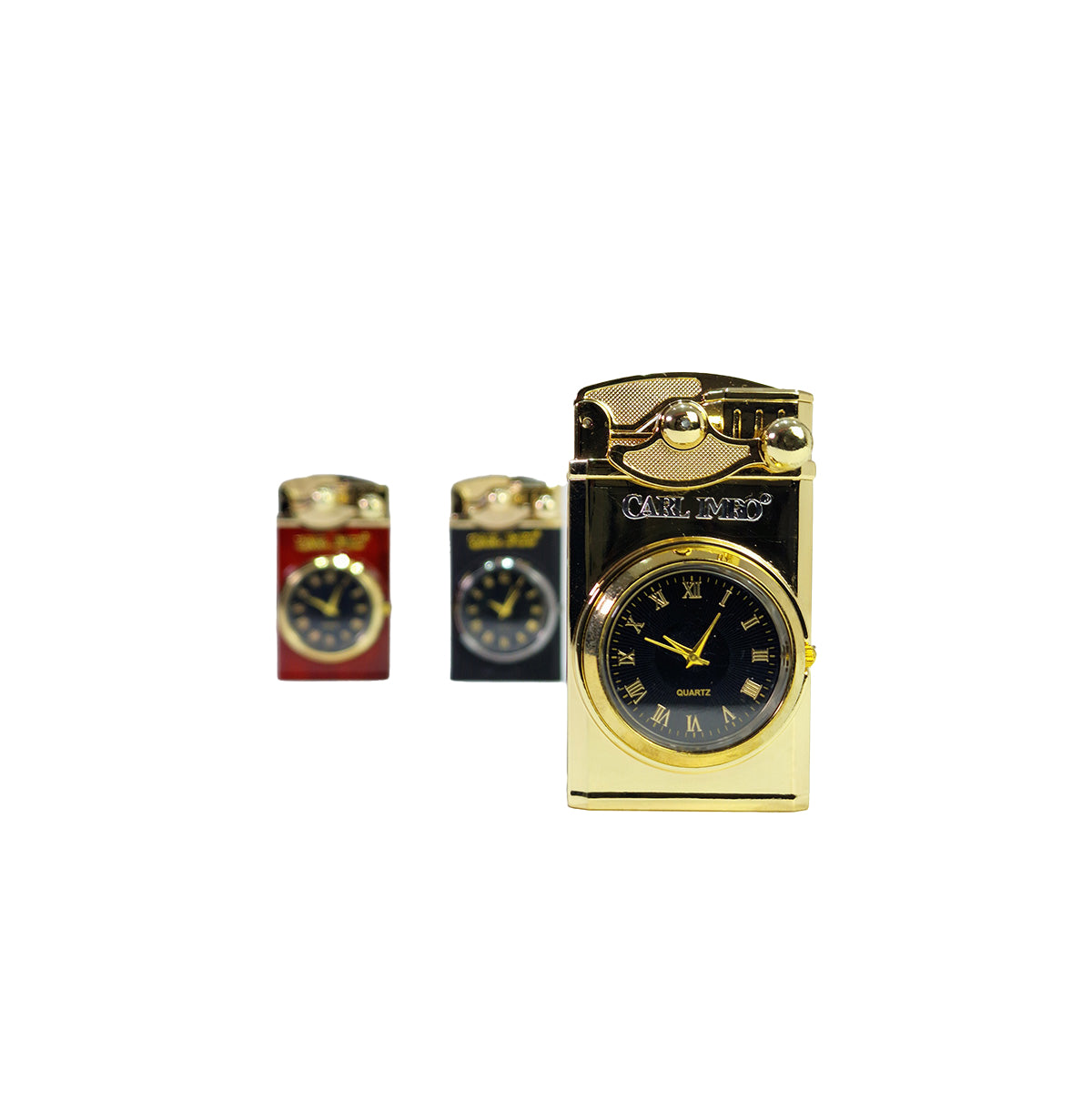 Montre briquet dorée à cadran noir, vue de face, deux modèles à gauche
