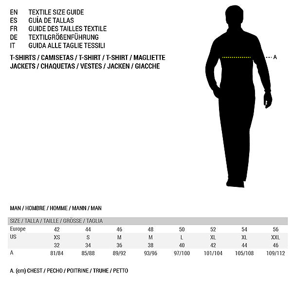 Guide des tailles : silhouette homme et tableau des tailles pour T-shirts, en plusieurs langues.