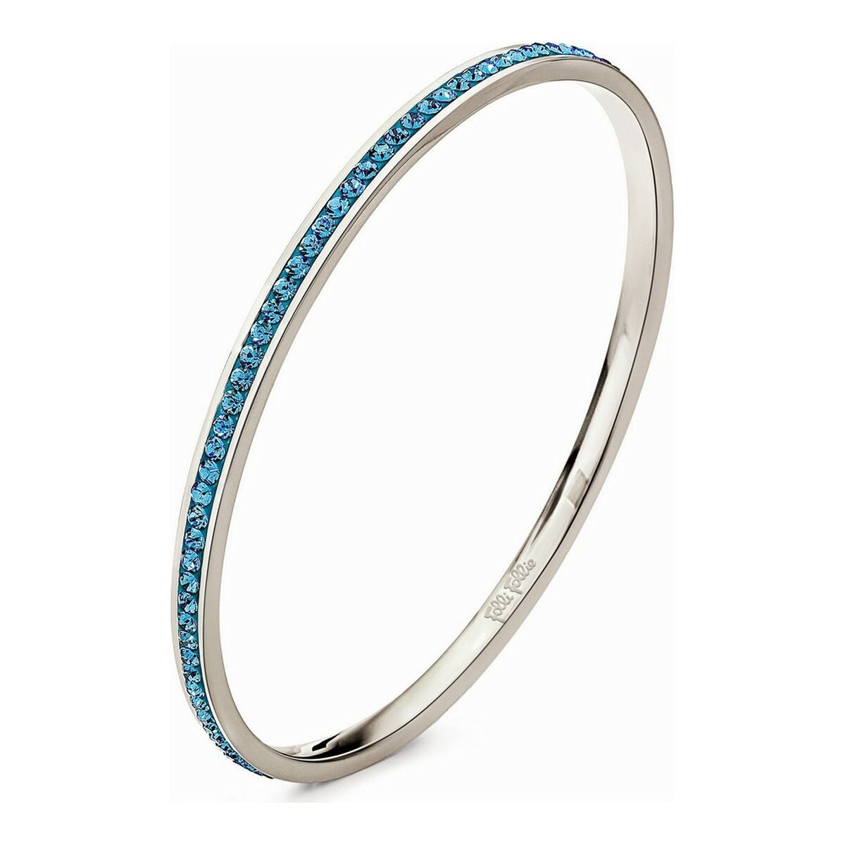 Bracelet jonc acier argenté, bande de pierres bleues sur la tranche