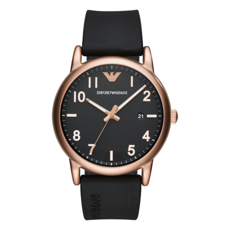 Montre homme à cadran noir, boîtier acier rosé et bracelet caoutchouc noir, 43 mm