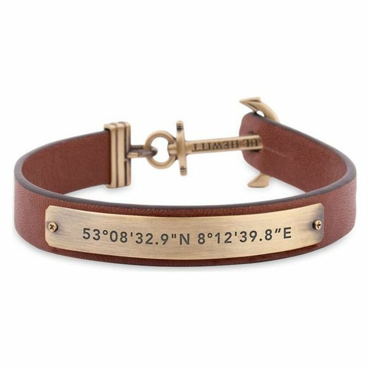 Bracelet en cuir marron, fermoir argenté et plaque gravée coordonnées