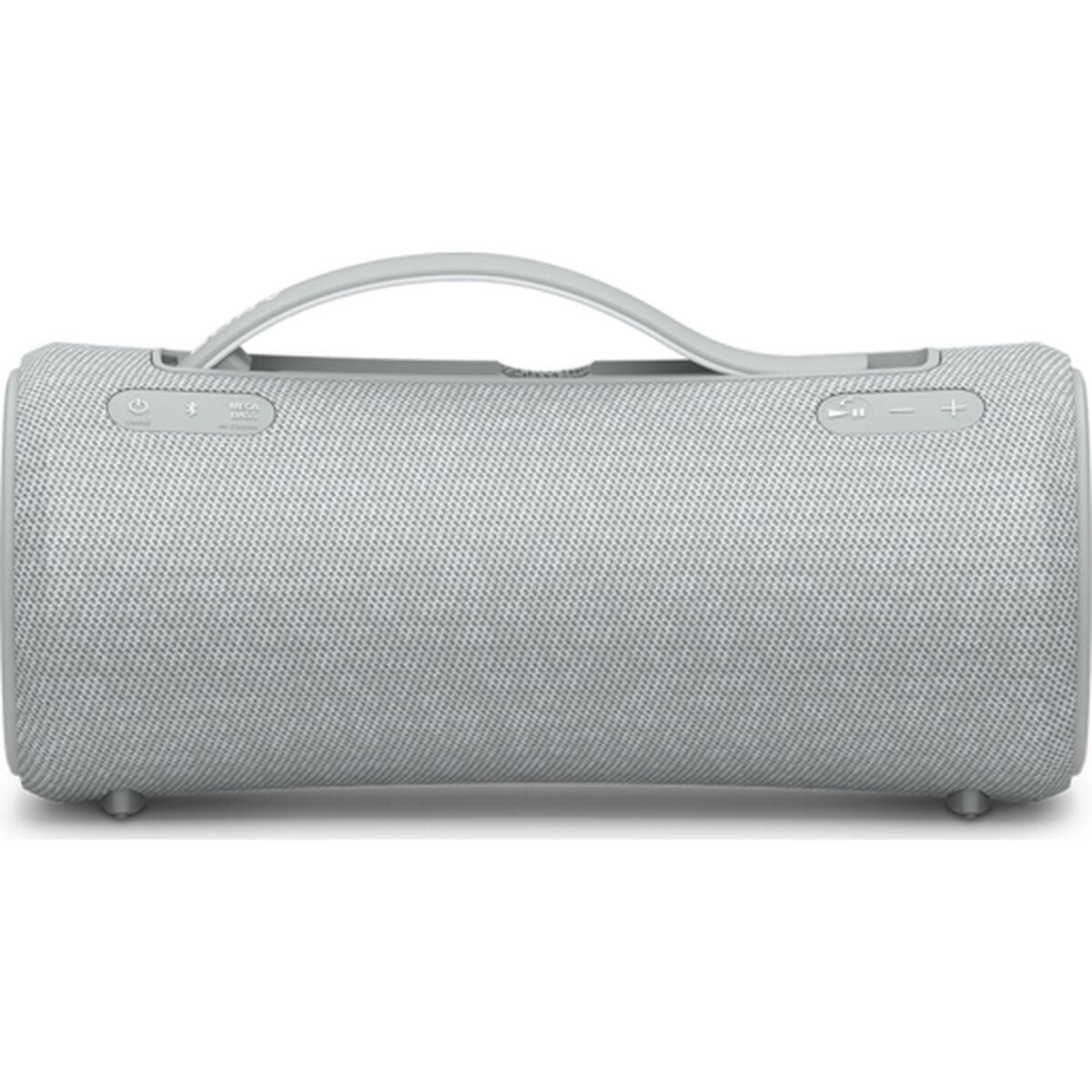 Enceinte Bluetooth portable Sony grise, vue de côté avec poignée et boutons.
