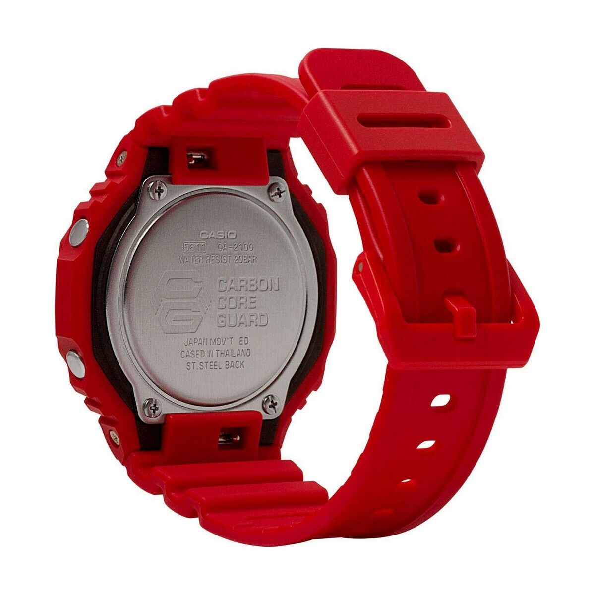 Montre-bracelet rouge, vue arrière du fond gris et bracelet à trous
