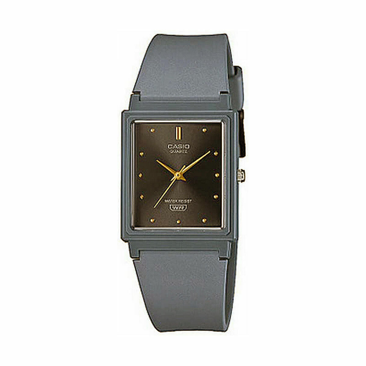 Montre femme Casio COLLECTION grise, cadran noir rectangulaire, bracelet en silicone.