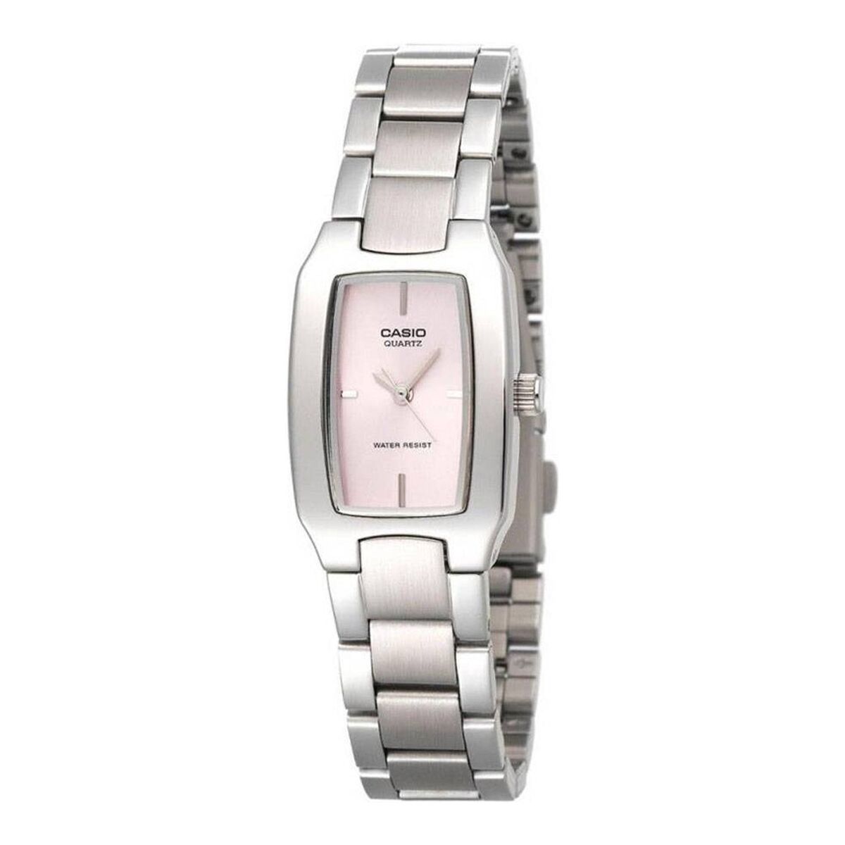 Montre rectangulaire Casio en acier argenté, cadran rose clair et bracelet maillons