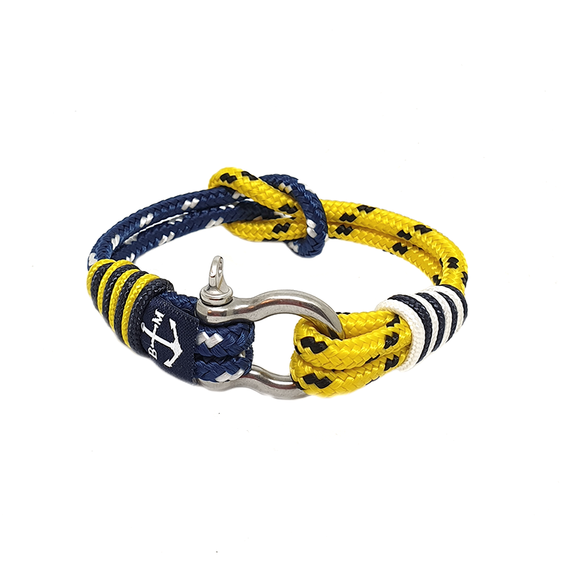 Bracelet nautique en corde tressée bleu et jaune, fermoir argenté en métal