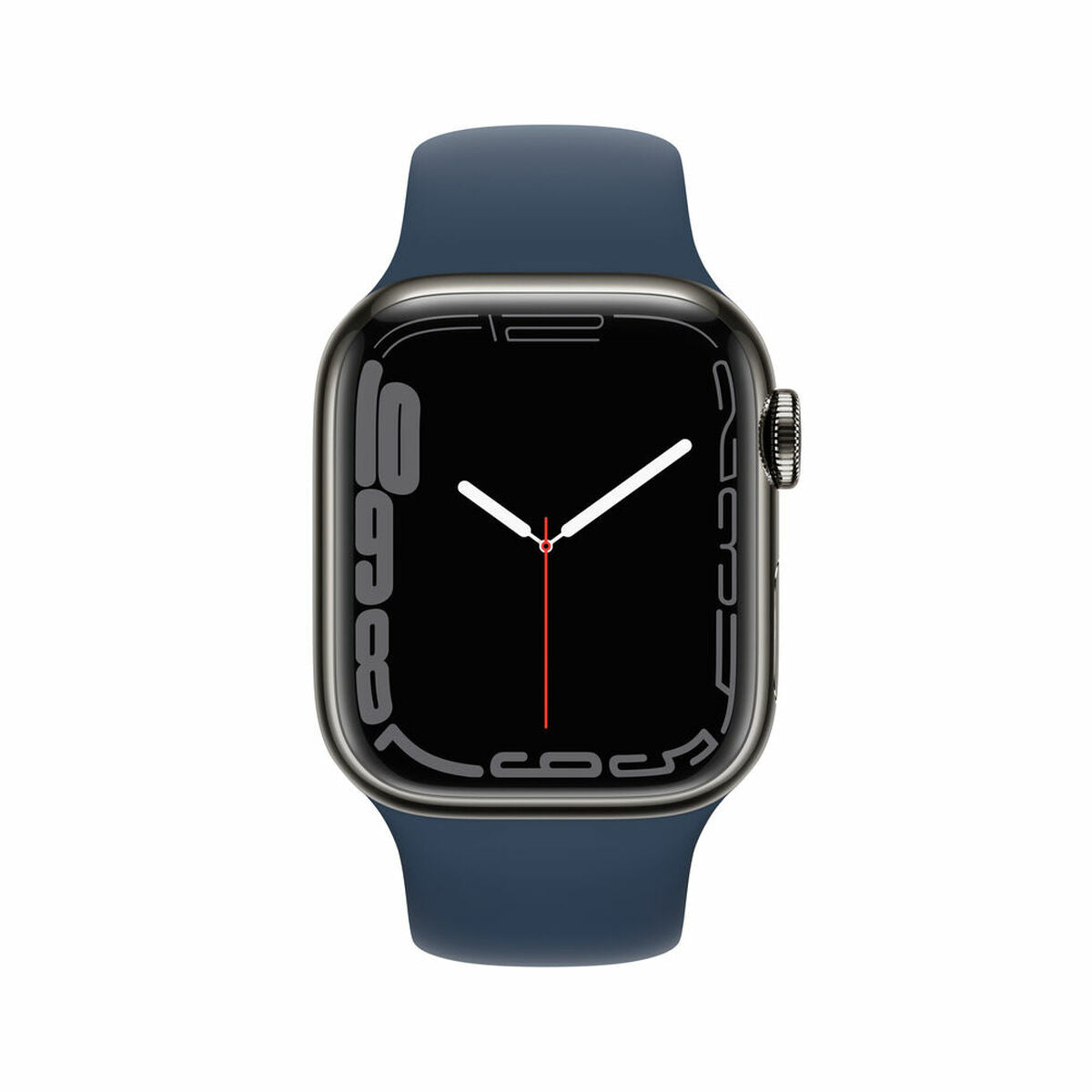Montre connectée Apple Watch Series 7, cadran noir OLED, bracelet bleu marine.