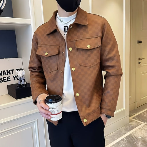 Veste homme caramel, col montant, boutons dorés et grande poche poitrine