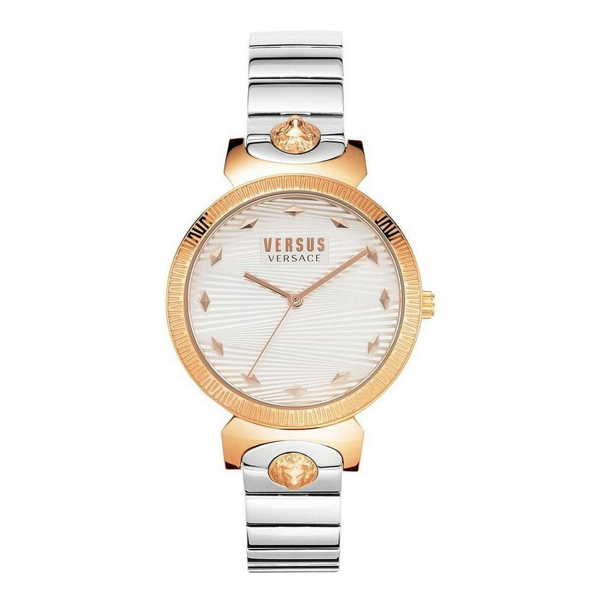 Montre femme à cadran blanc, bracelet acier argenté et lunette dorée, mouvement quartz.