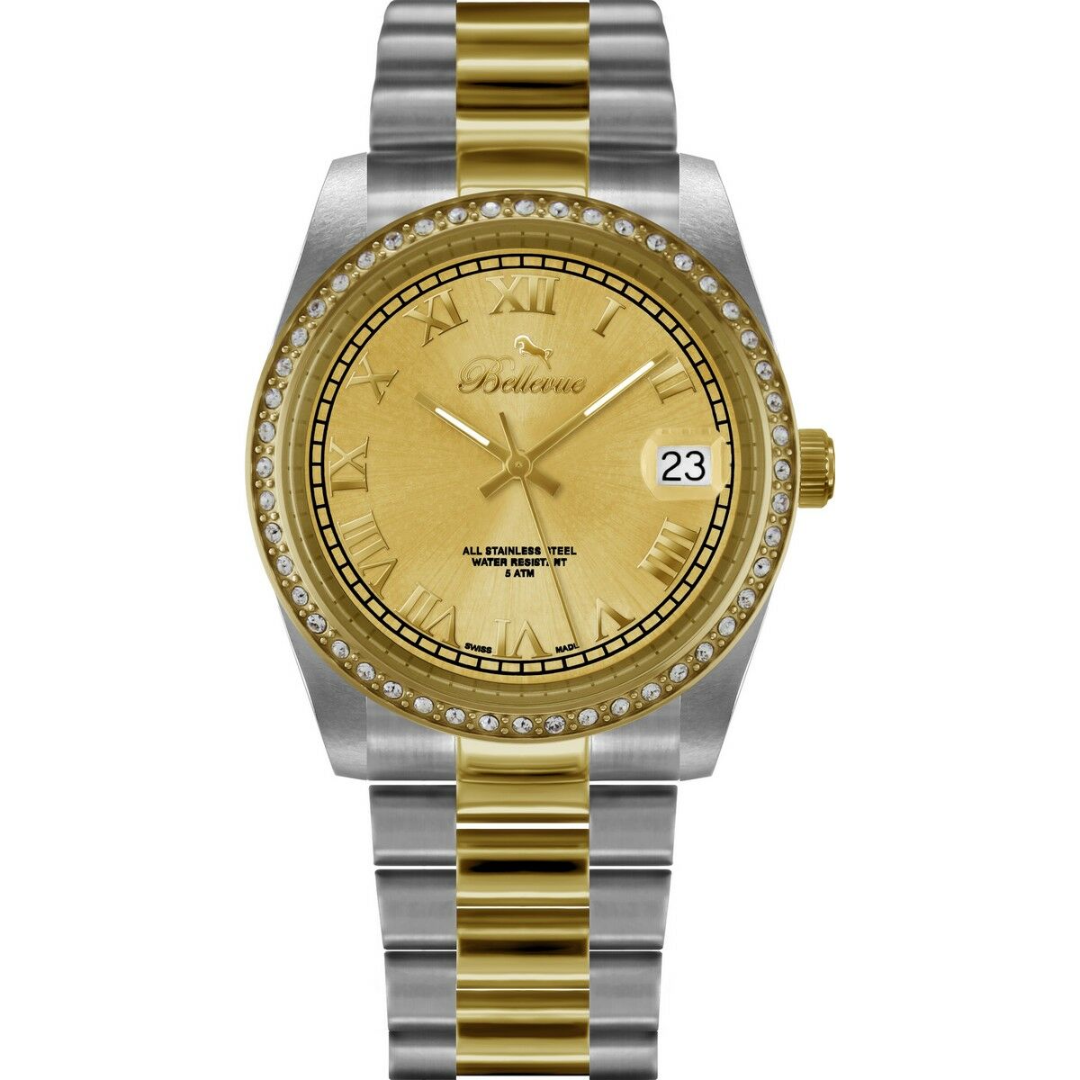 Montre femme Bellevue à cadran champagne, lunette sertie, bracelet doré et acier