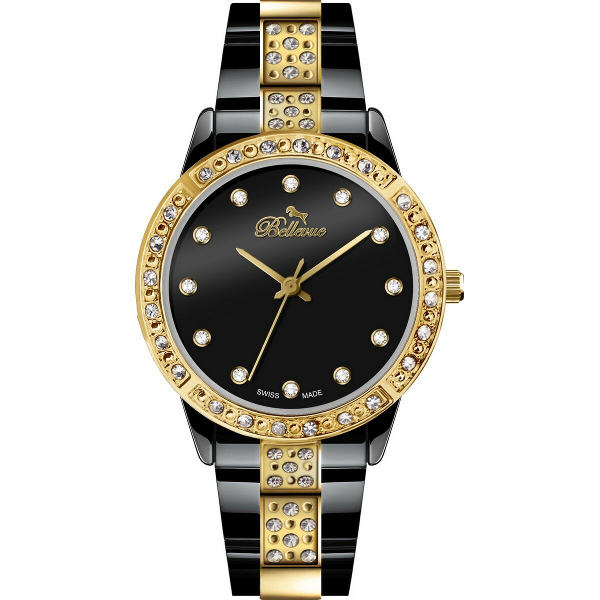 Montre pour femme Bellevue, cadran noir et bracelet acier noir/doré, Ø32 mm