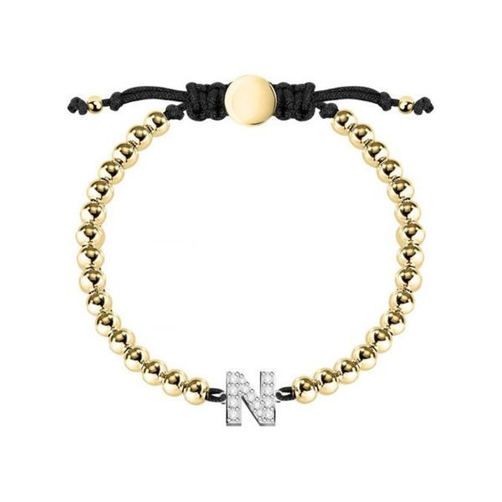 Bracelet perles dorées et cordon noir avec connecteur rond et lettre N strass