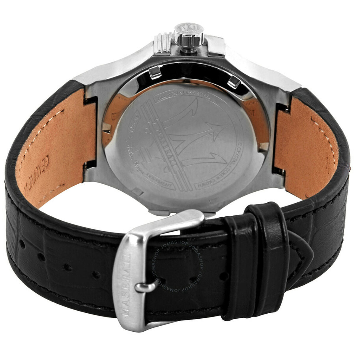 Montre homme vue arrière, bracelet cuir noir, fond acier gravé, boucle de fermeture.