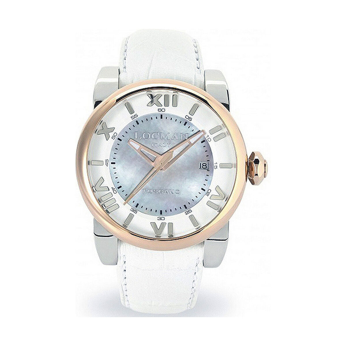 Montre automatique bracelet cuir blanc, cadran argent, lunette rosé et chiffres romains