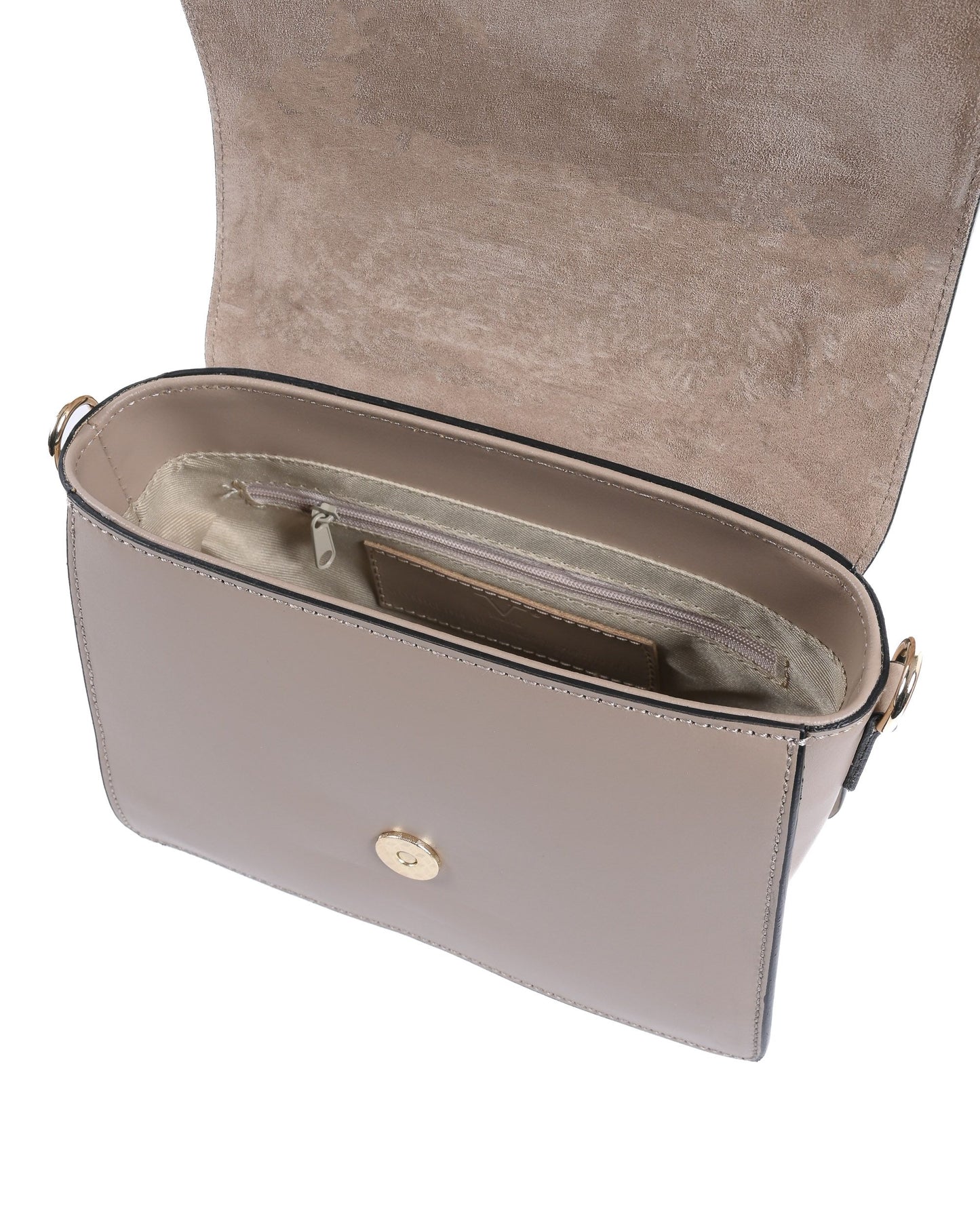 Sac taupe ouvert avec poche intérieure et fermeture éclair