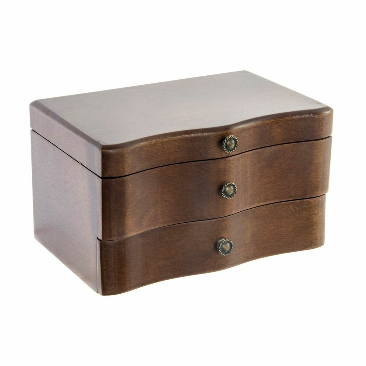 Boîte à bijoux en MDF marron fermée avec couvercle et 3 tiroirs, poignées rondes