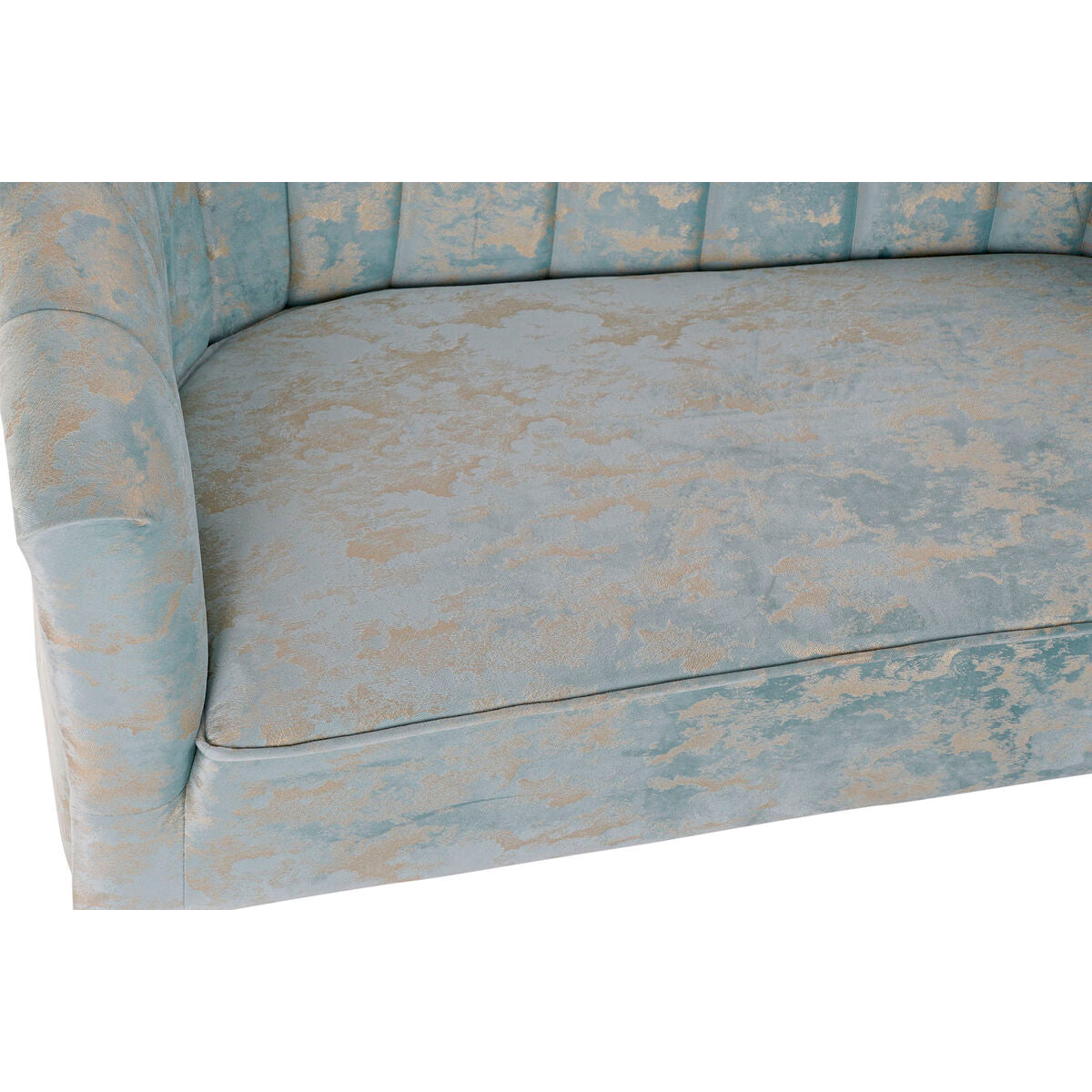 Canapé en tissu bleu clair à motif doré, assise et dossier capitonnés, accoudoir