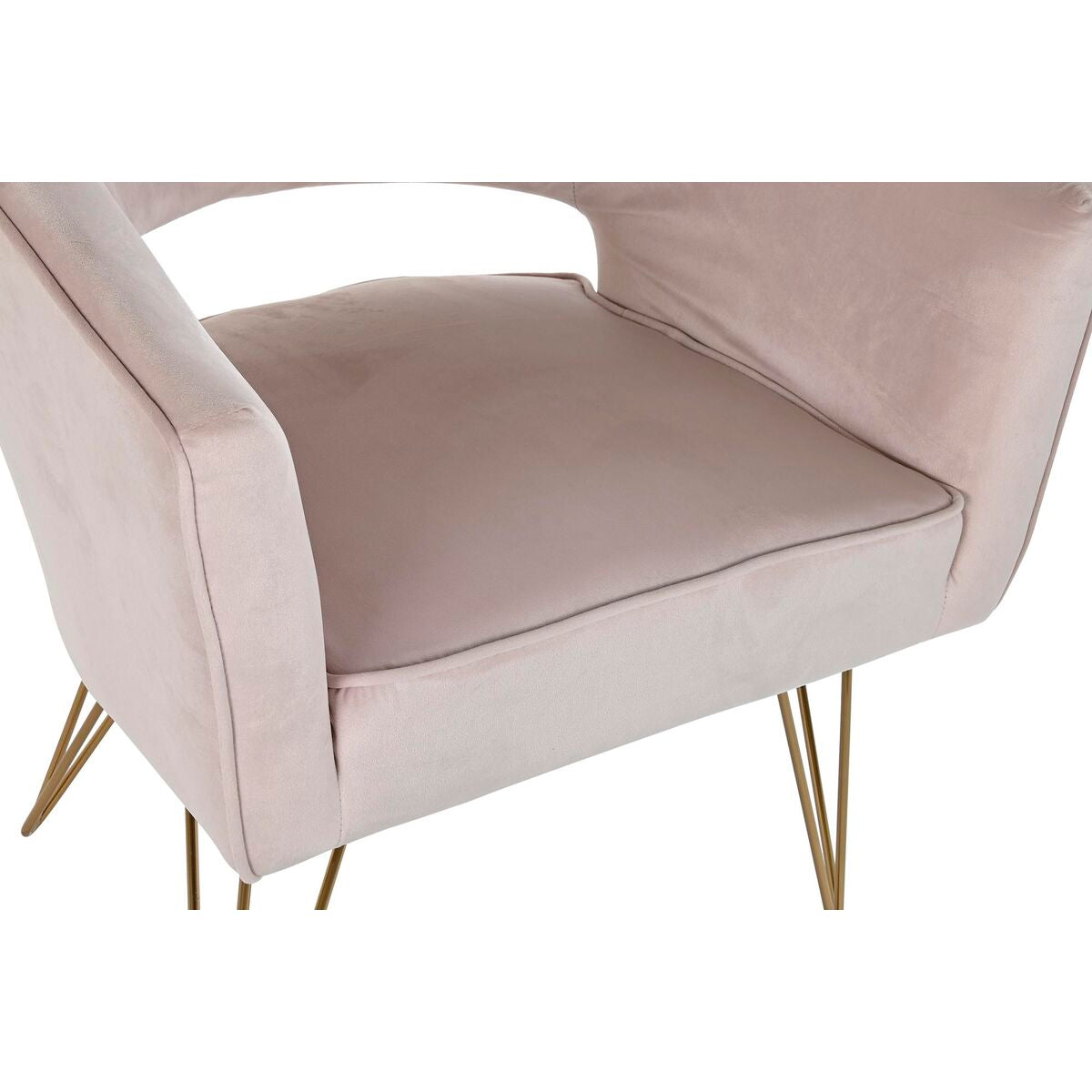 Assise du fauteuil en velours rose clair, accoudoirs et coutures visibles