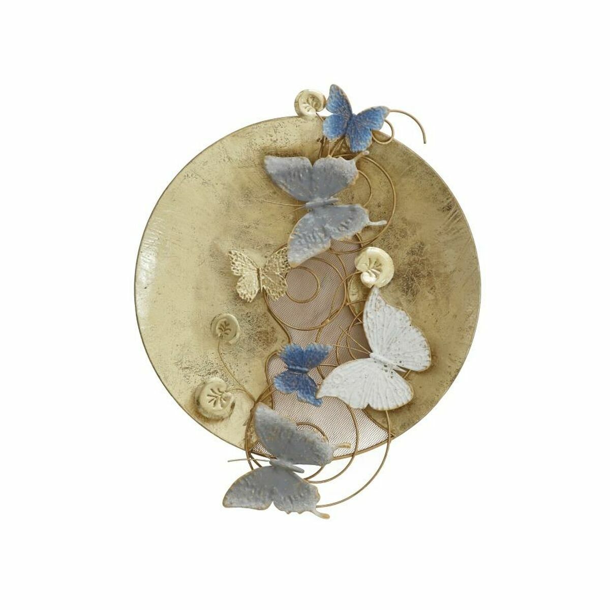 Décoration murale métal doré, disque rond, papillons bleus et blancs crème