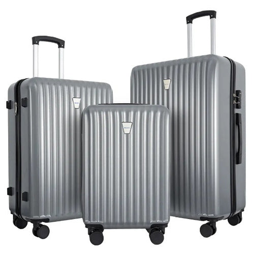 Ensemble de 3 valises rigides ABS argentées, poignées télescopiques, roues pivotantes