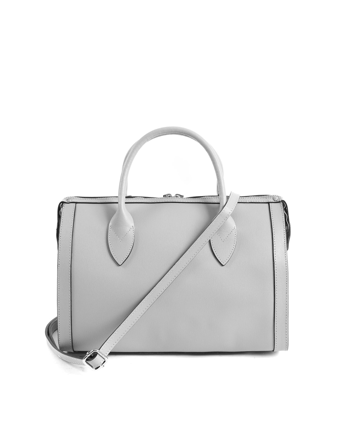 Sac à main gris avec bandoulière réglable, poignées courtes et logo V