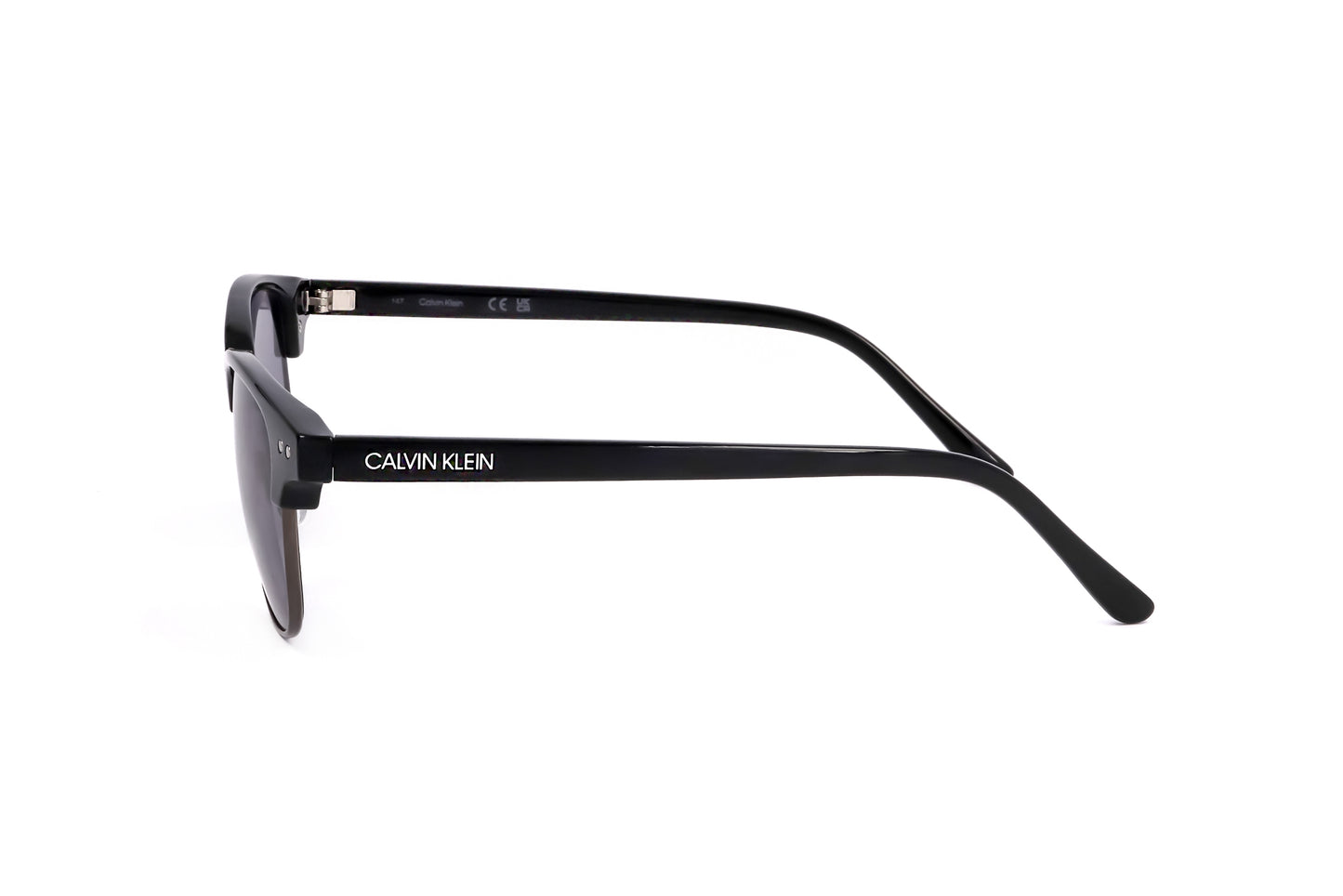 Lunettes Calvin Klein, côté, branches noires métalliques, verres teintés violets