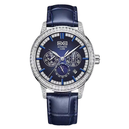 Gros plan montre BEXEI® : cadran bleu, lunette sertie et bracelet en cuir bleu
