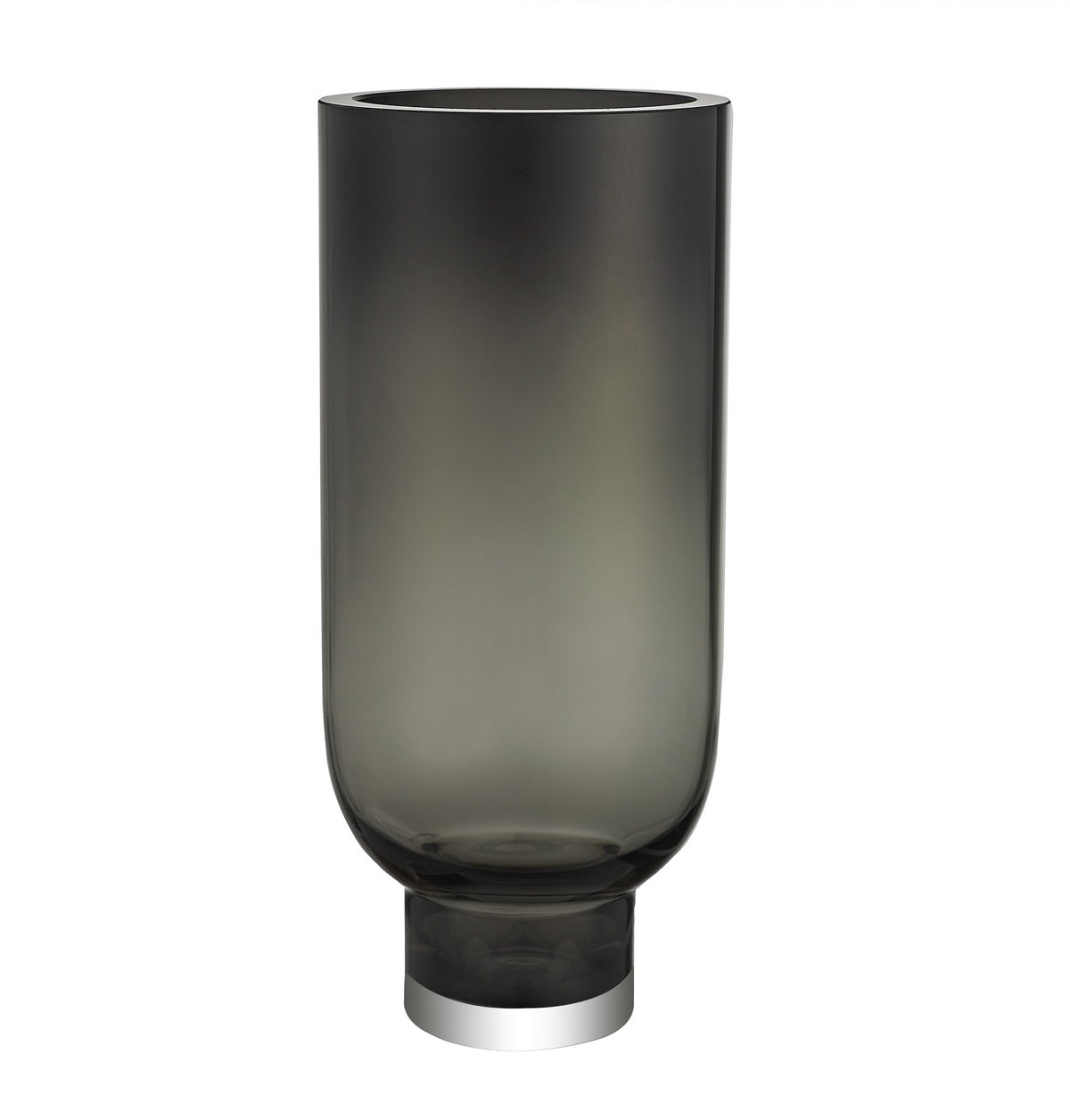 Vase cylindre en verre foncé fumé, base métal, hauteur 28 cm