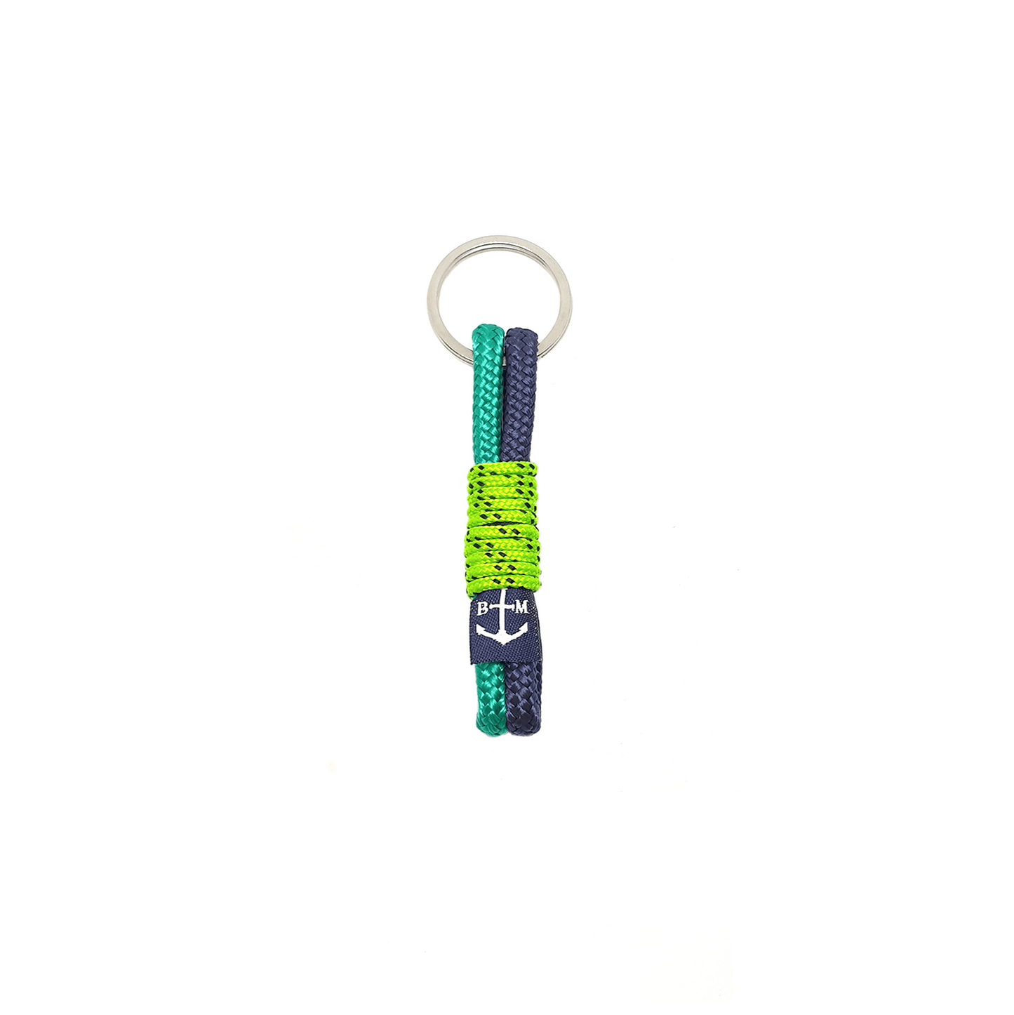 Porte-clés corde nautique verte et bleu marine avec anneau métal