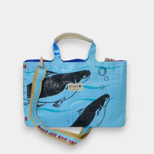 Sac cabas bleu clair imprimé oiseaux noirs, poignées et bandoulière