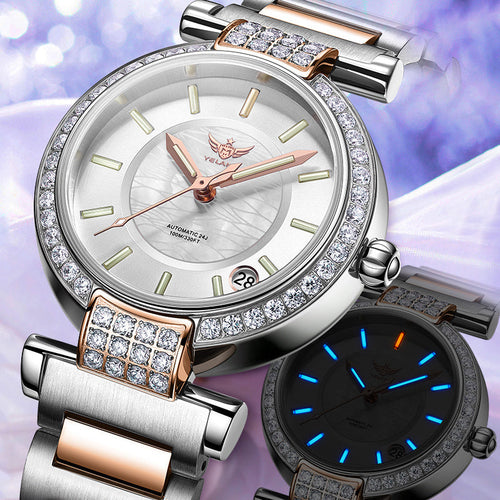 Montre femme automatique en acier inox argent, cadran argent, lunette sertie de strass