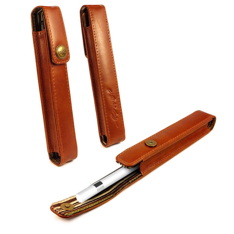 Étui cuir marron vintage pour iPad avec stylet inclus, rabat boutonné