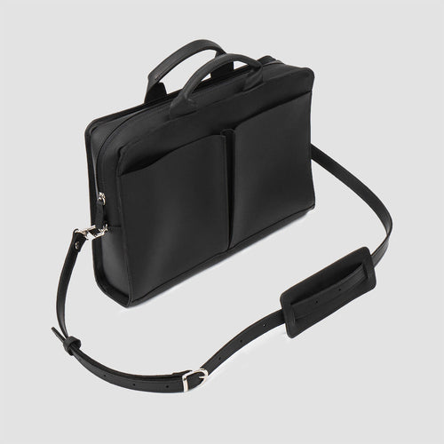 Sac ordinateur en cuir noir à deux volets avant et bandoulière réglable