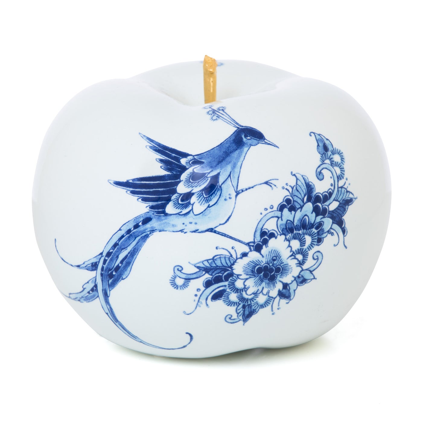 Boîte céramique ronde décor bleu oiseaux et fleurs, filet or sur le dessus