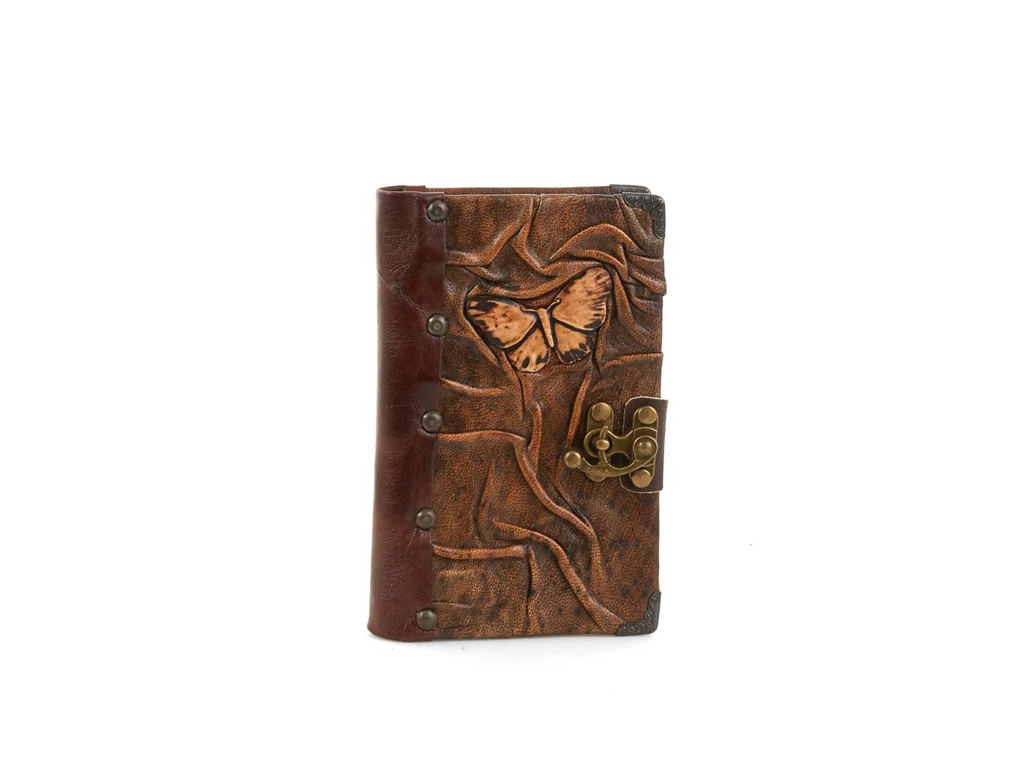 Carnet en cuir brun motif papillon en relief, œillets et fermoir décoratif laiton