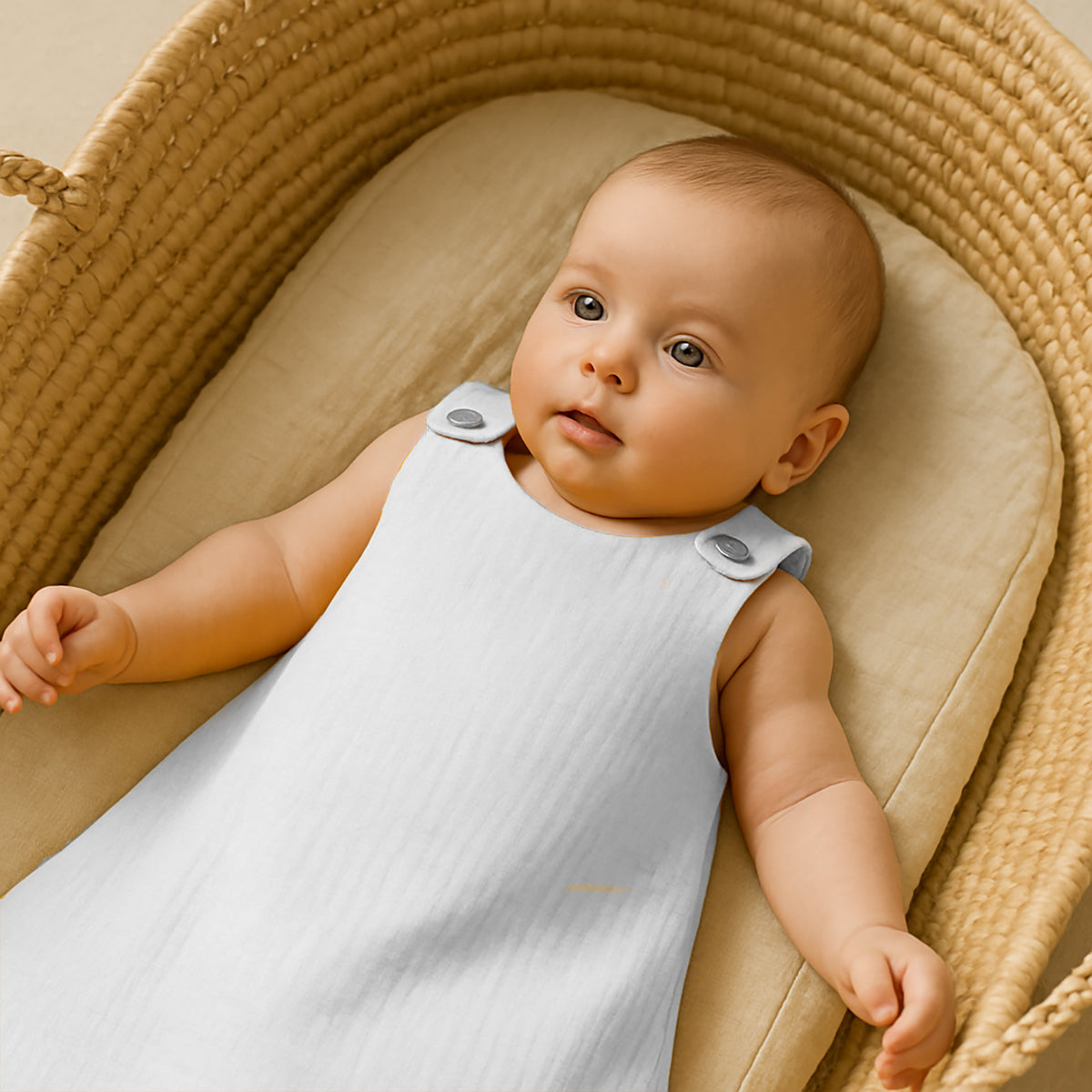 Gigoteuse blanche pour bébé, sans manches, portée par un bébé face
