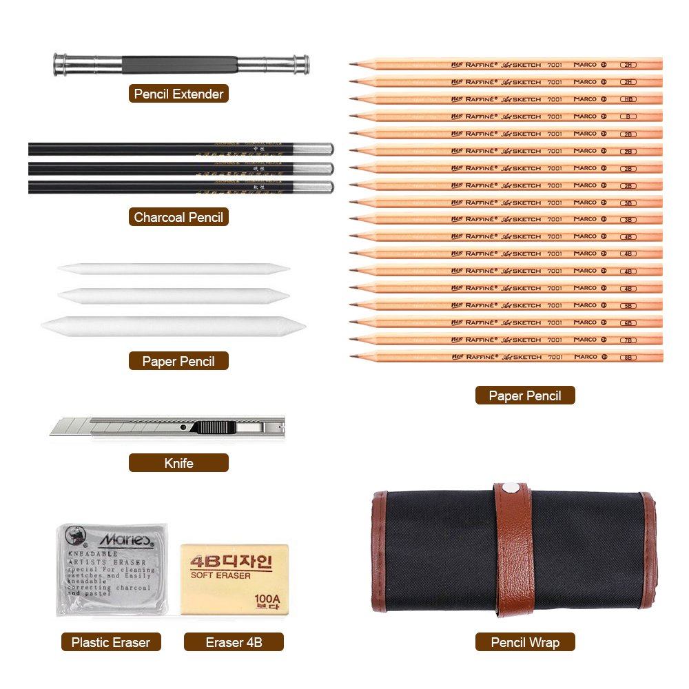 Accessoires de dessin : rallonge, crayons charbon et graphite, gommes, lame et papier à dessin